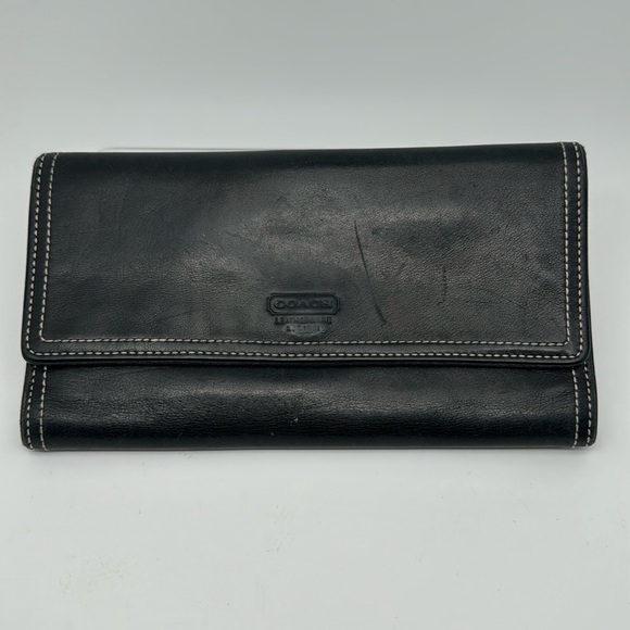 Coach Vintage Leather Black Trifold Snap Coin Zip Wallet - Picture 1 of 12